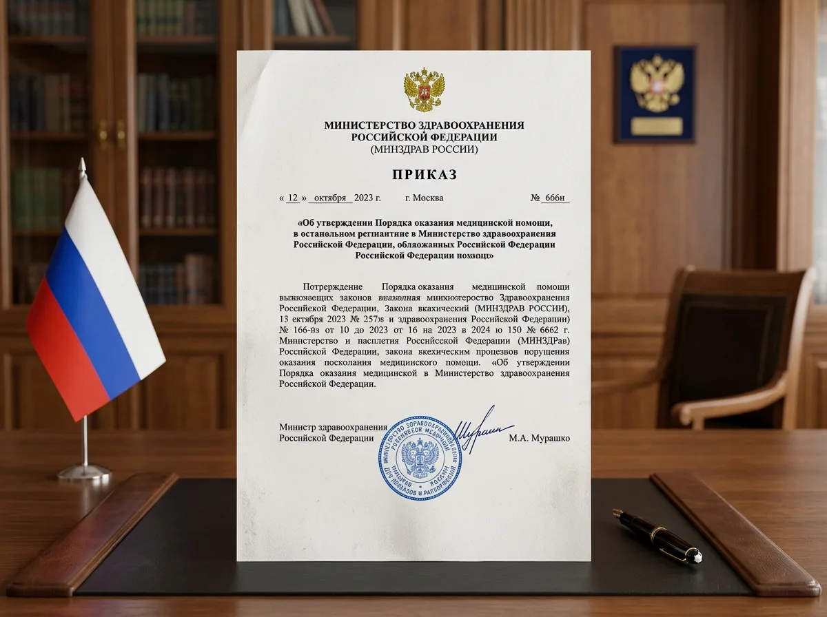 Приказ Министерства здравоохранения Российской Федерации номер 666н, официальный бланк, подпись министра, синяя гербовая печать